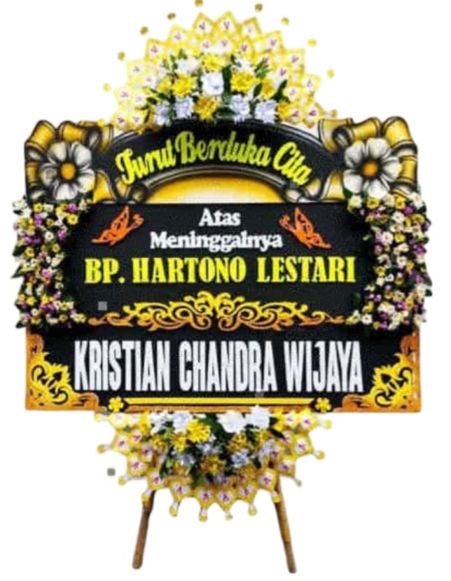 Karangan bunga papan duka cita ukuran 1,2 x 2 m dengan desain elegan, bunga berkualitas tinggi, warna lembut, dan rangka bambu kokoh. Cocok sebagai simbol belasungkawa di DEMAK .