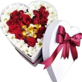 flower box premium dari raja florist semarang dengan isian bunga mwar baby breath dan coklat farero