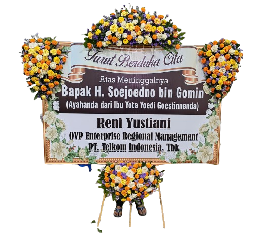 Papan bunga digital printing dari Raja Florist Demak dengan desain modern dan pengerjaan cepat, cocok untuk ucapan duka cita, grand opening, dan acara korporat